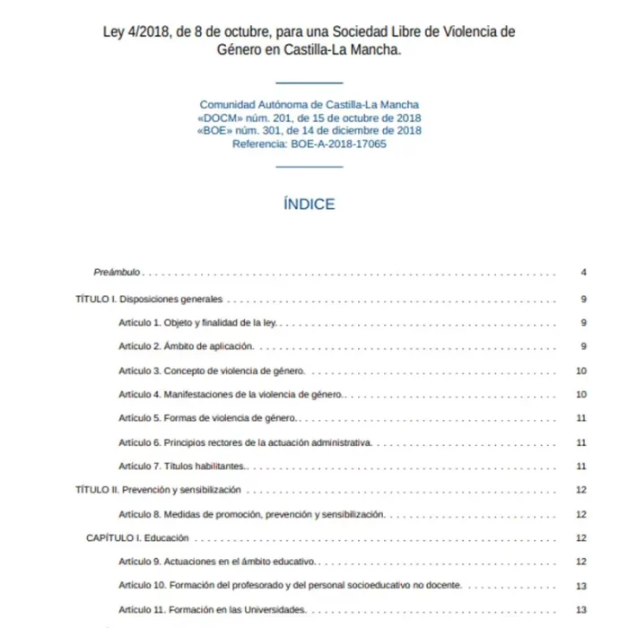 Ley 4 2018, de 8 de octubre, para una Sociedad Libre de Violencia de Género en Castilla-La Mancha